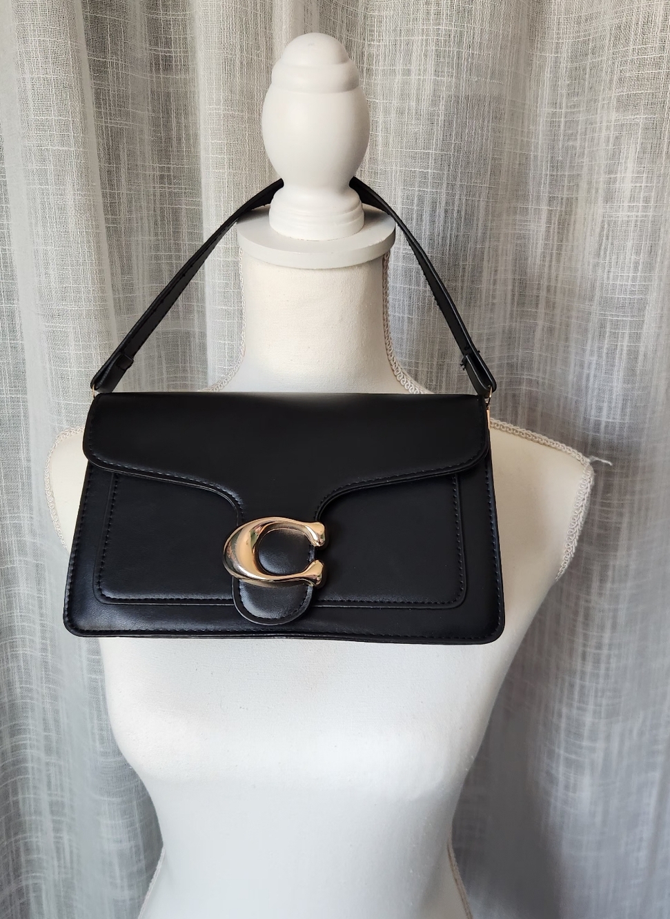 Designer-Inspired Black Leather Shoulder Bag with Gold Accent